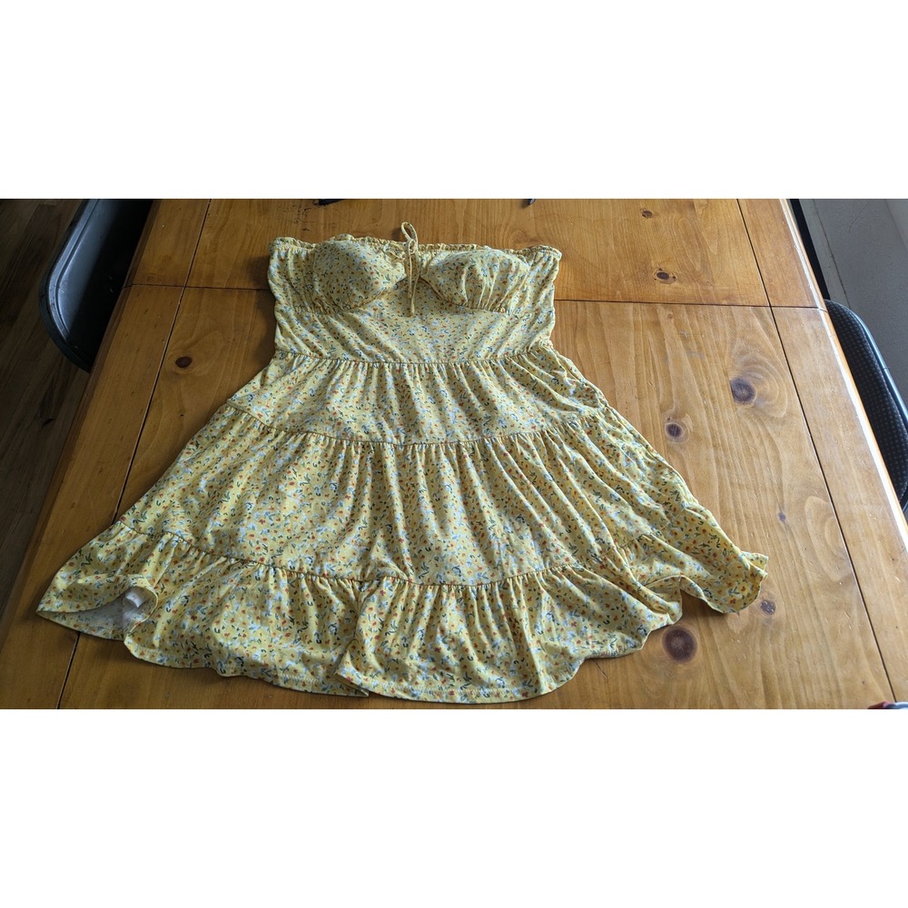No Boundaries Yellow Ditsy Floral Strapless Tiered Mini Dress Womens Large 11-13